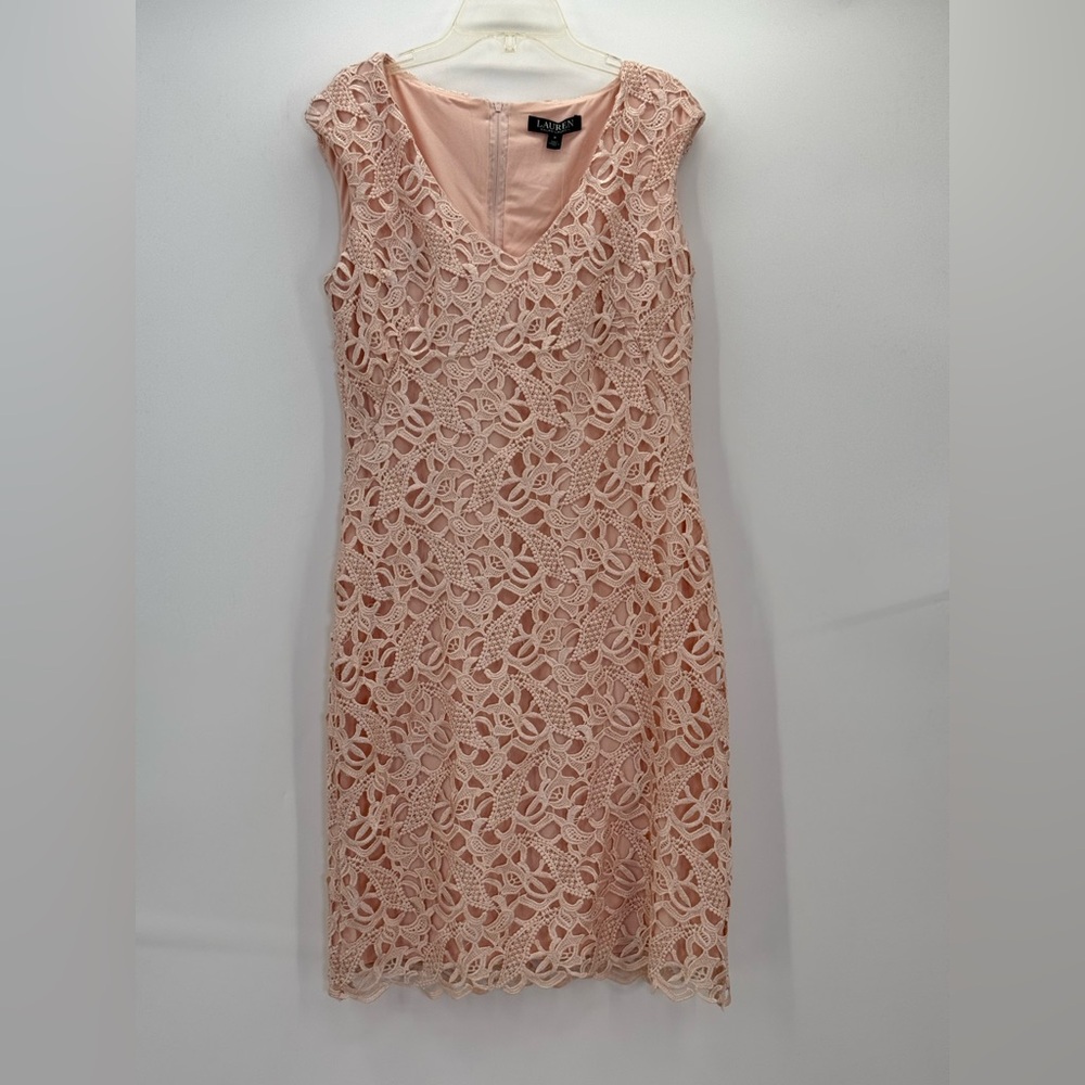 Lauren Ralph Lauren Blush Pink Lace Sheath V-Neck Sleeveless Cocktail Dress SZ 8 - Picture 13 of 15